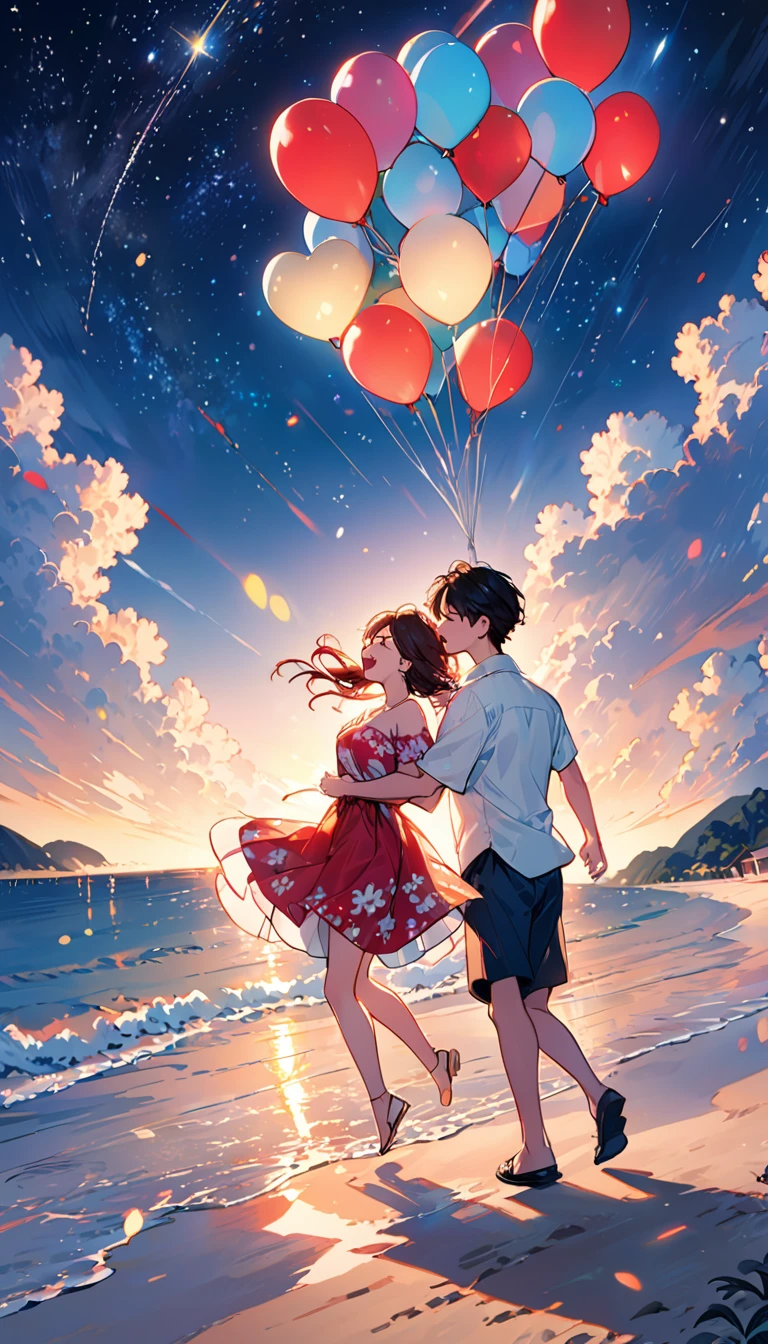 (Highest quality、Very detailed、Real:1.37)、humor、Beach、night、Starry Sky、Manga style、Desaturate、Girls and boys、Fun couple、Laughter、Floating Love、