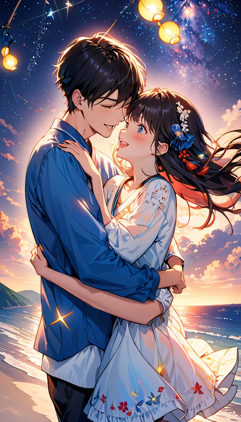 (Highest quality、Very detailed、Real:1.37)、humor、Beach、night、Starry Sky、Manga style、Desaturate、Girls and boys、Fun couple、Laughter、Floating Love、