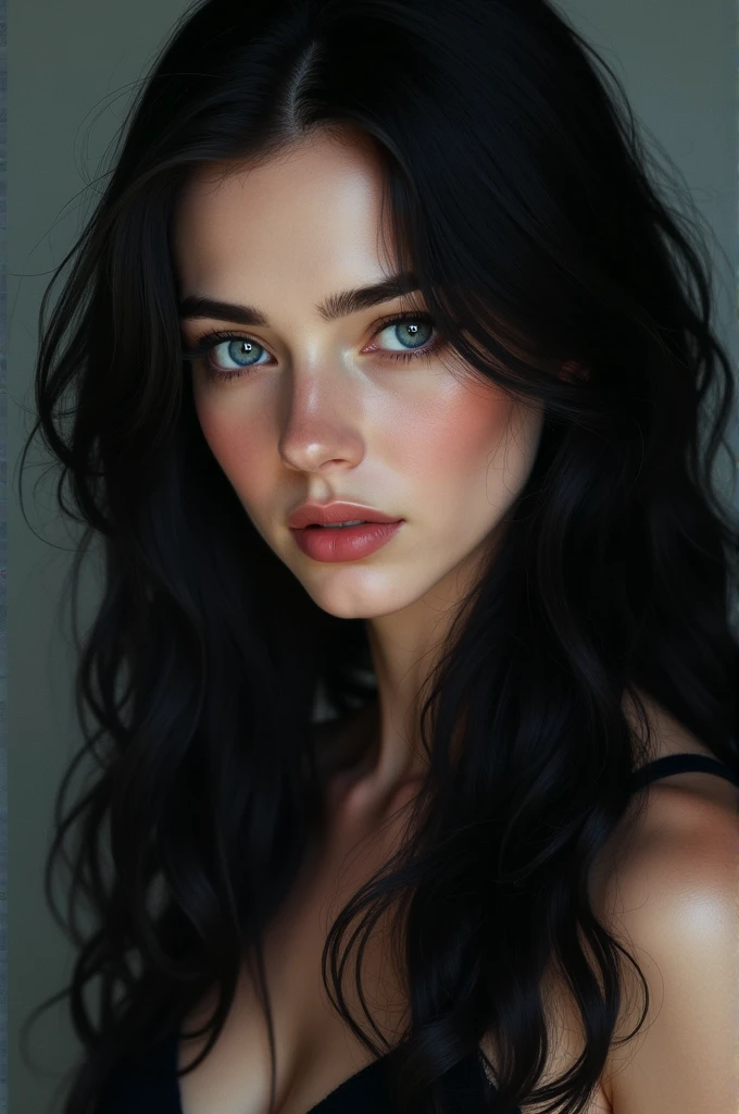 Blacks haired woman with blue eyes