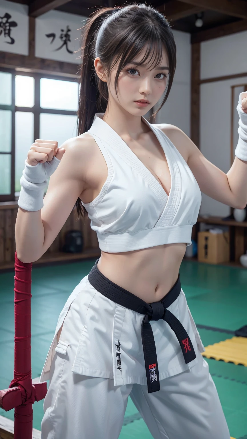 (Sporty bra visible)、(((Sexy Karate Singlet)))、Female karateka with bangs and a ponytail、The navel and under the chest are visible、Glowing Skin、((Embarrassed face))、((Turn away))、((Look to the side))、((Blushing))、(Watery eye)、cry、(((Karate Dojo)))、((Delicate painting))，(Masterpiece detailed RAW photos:1.25), (Highest quality:1.6), (Ultra-high resolution:1.5), (Realistic:1.75), 8k resolution, Canon EOS R5, 50mm, Absurd, Very detailed,Cinema Lighting、((Sporty pants are visible))、(((Take off your pants)))、