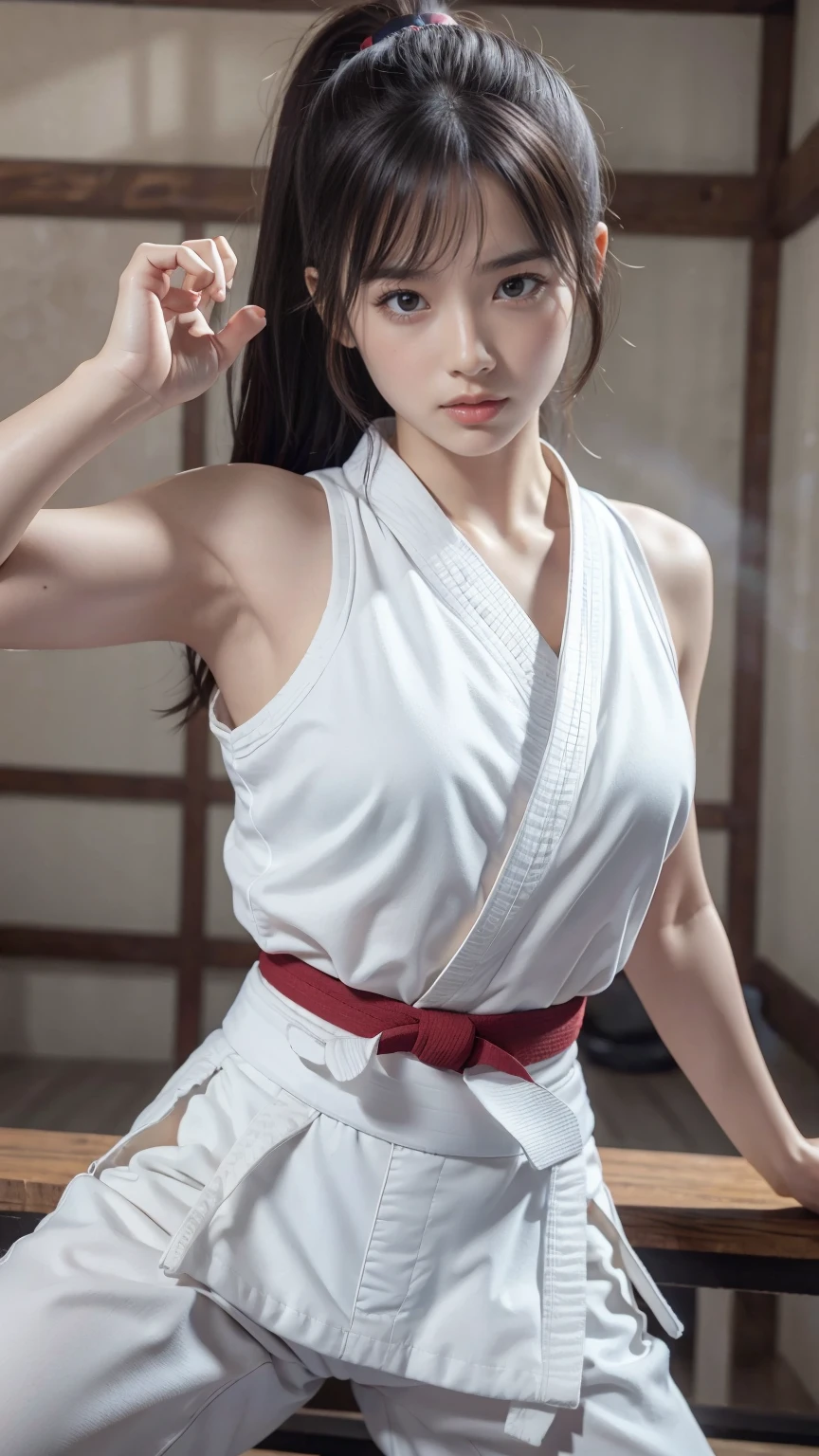 (Sporty bra visible)、(((Sexy Karate Singlet)))、Female karateka with bangs and a ponytail、The navel and under the chest are visible、Glowing Skin、((Embarrassed face))、((Turn away))、((Look to the side))、((Blushing))、(Watery eye)、cry、(((Karate Dojo)))、((Delicate painting))，(Masterpiece detailed RAW photos:1.25), (Highest quality:1.6), (Ultra-high resolution:1.5), (Realistic:1.75), 8k resolution, Canon EOS R5, 50mm, Absurd, Very detailed,Cinema Lighting、((Sporty pants are visible))、(((Take off your pants)))、