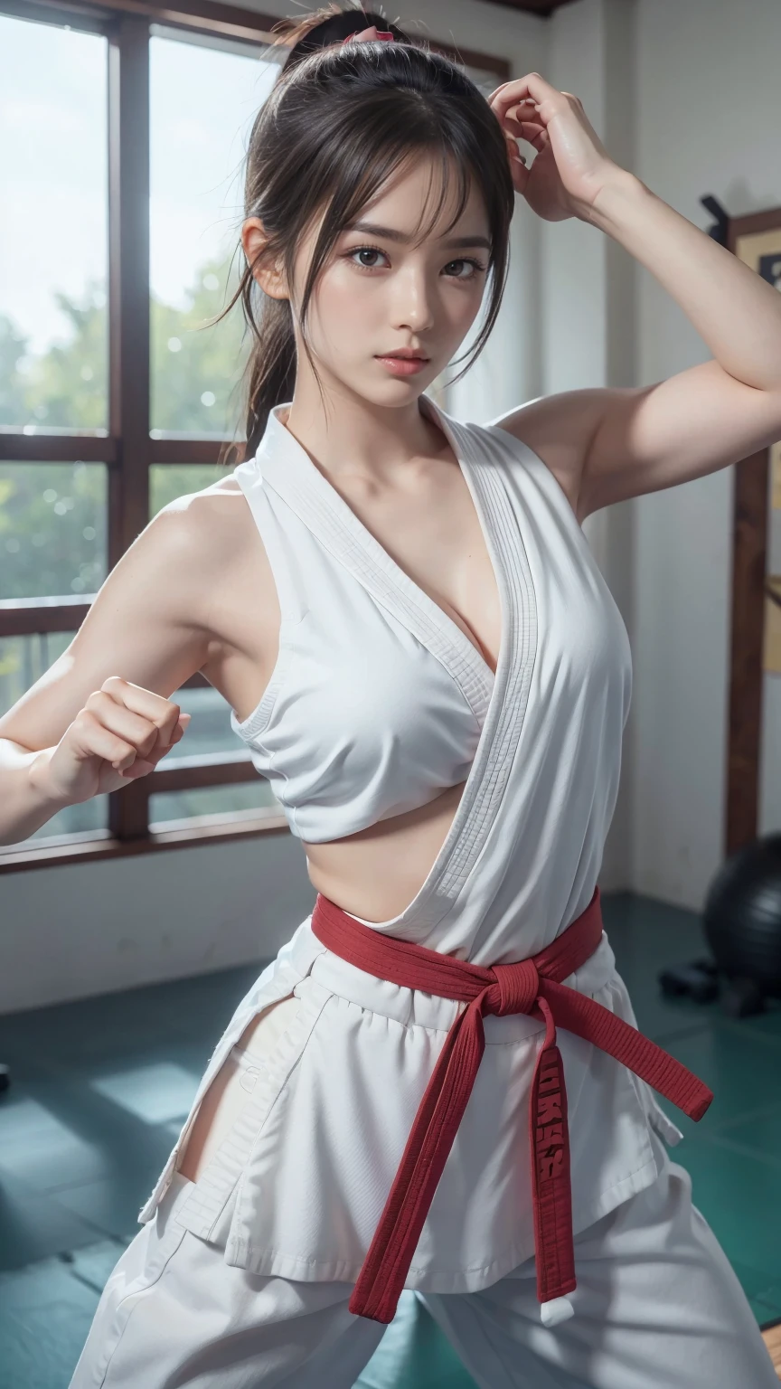 (Sporty bra visible)、(((Sexy Karate Singlet)))、Female karateka with bangs and a ponytail、The navel and under the chest are visible、Glowing Skin、((Embarrassed face))、((Turn away))、((Look to the side))、((Blushing))、(Watery eye)、cry、(((Karate Dojo)))、((Delicate painting))，(Masterpiece detailed RAW photos:1.25), (Highest quality:1.6), (Ultra-high resolution:1.5), (Realistic:1.75), 8k resolution, Canon EOS R5, 50mm, Absurd, Very detailed,Cinema Lighting、((Sporty pants are visible))、(((Take off your pants)))、