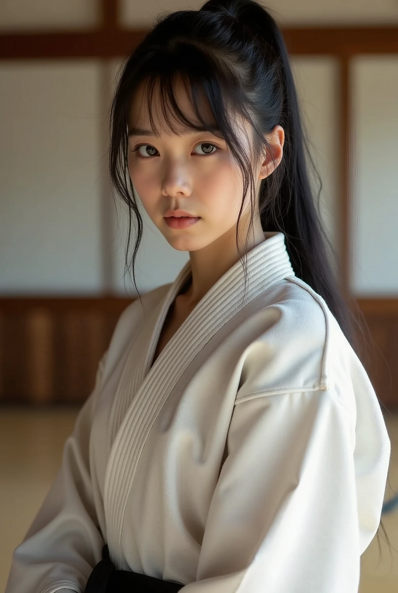 A female Aikido practitioner who was given the full license by her father、Yukina is 25 years old。With her long black hair tied up in a ponytail, she is working up a sweat practicing at the dojo today.。Even in her dignified expression, there is still a hint of innocence.、Her voluptuous body, hidden by her robe, is beautiful.。