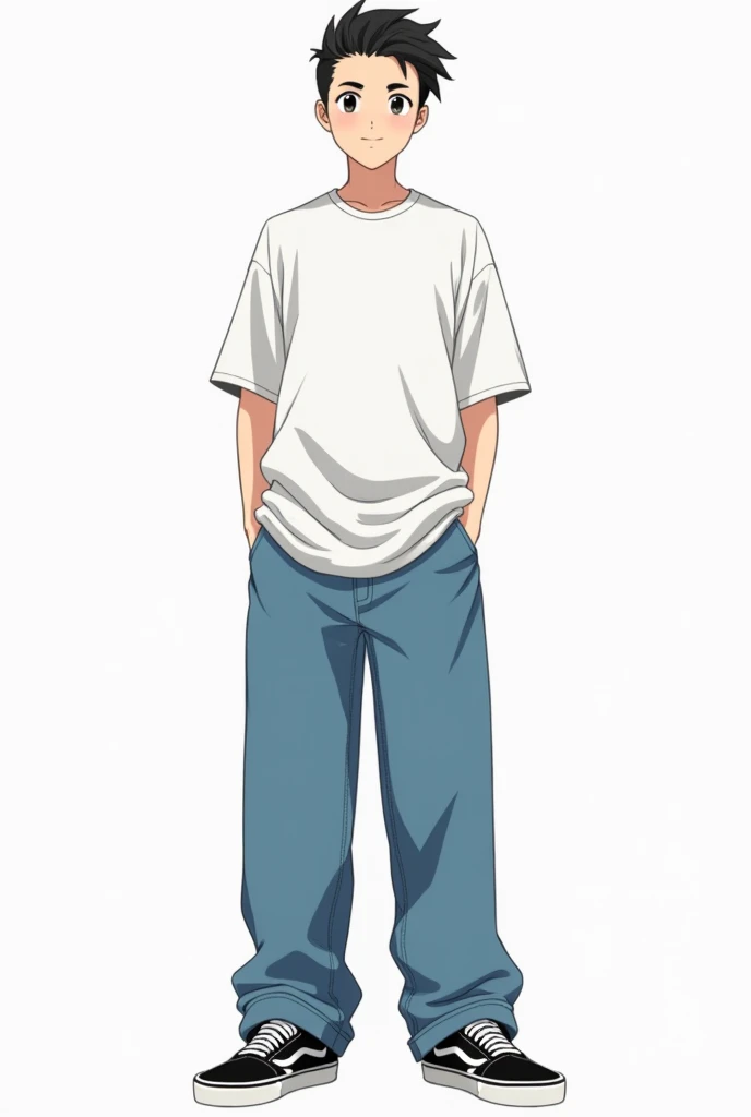 Oversized clothing, plain white t-shirt, extra wide jeans, black VANS sneakers, male, slicked back hair, front, full body, anime-like face, around junior high school age