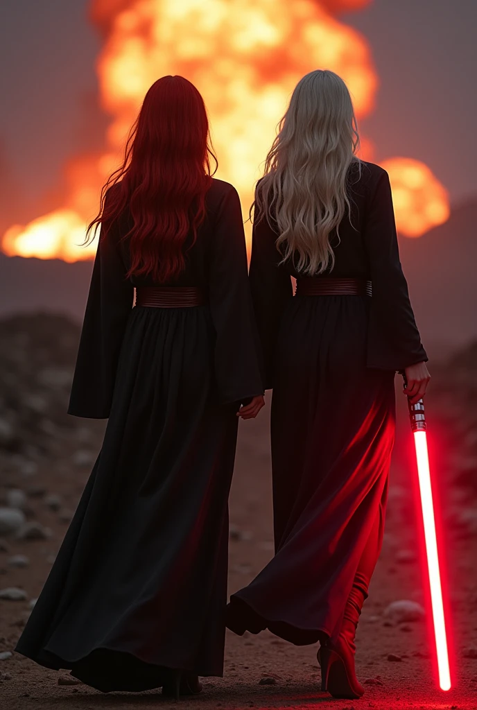 (full body shot:1) photorealistic image of two (walking pose:1) women, ultrarealistic, photography, one with long red hair, woman, 24 years old, hourglass figure, perfect body, seductive look, natural medium breasts, blur background, in complete darkness, she is wearing a sith robe, she is holding a red lightsaber, the lightsaber is the only lightsource, on a dark destroyed spacestation, explosion in the background, long sexy legs, the other girl has platinum blonde long hair, 30 years old, curvy figure, she is wearing a sith robe and is also holding a red lightsaber in her hand, natural big breasts, they are walking towards the camera, dynamic shot, action shot