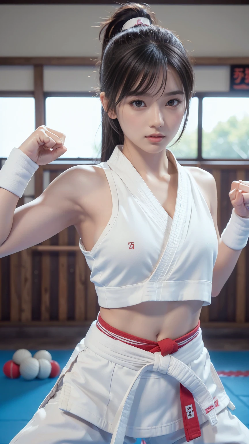 (Sporty bra visible)、(((Sexy Karate Singlet)))、Female karateka with bangs and a ponytail、The navel and under the chest are visible、Glowing Skin、((Embarrassed face))、((Turn away))、((Look to the side))、((Blushing))、(Watery eye)、cry、(((Karate Dojo)))、((Delicate painting))，(Masterpiece detailed RAW photos:1.25), (Highest quality:1.6), (Ultra-high resolution:1.5), (Realistic:1.75), 8k resolution, Canon EOS R5, 50mm, Absurd, Very detailed,Cinema Lighting、((Sporty pants are visible))、(((Take off your pants)))、