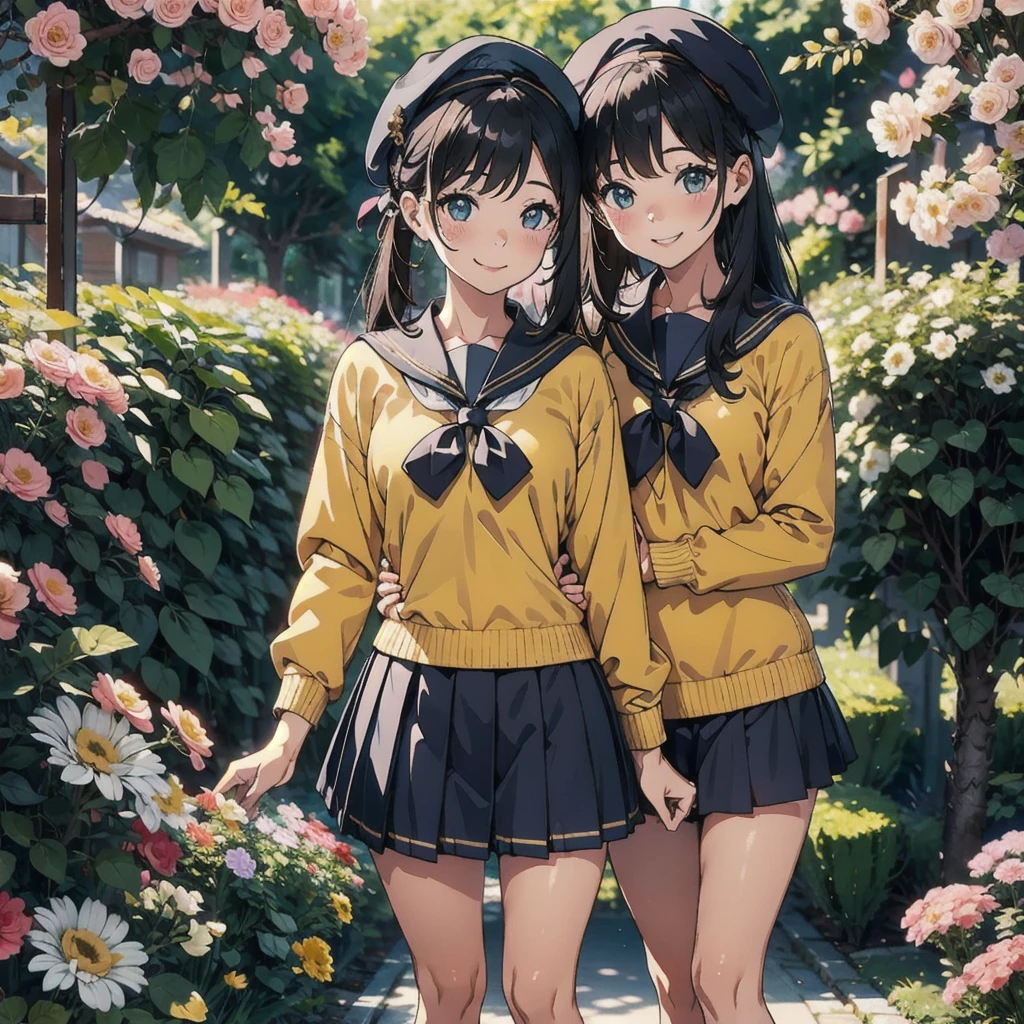 pretty girl、Commemorative photo of the two of us、Smiling face、Sailor suit、mini skirt、beret、surrounded by flowers