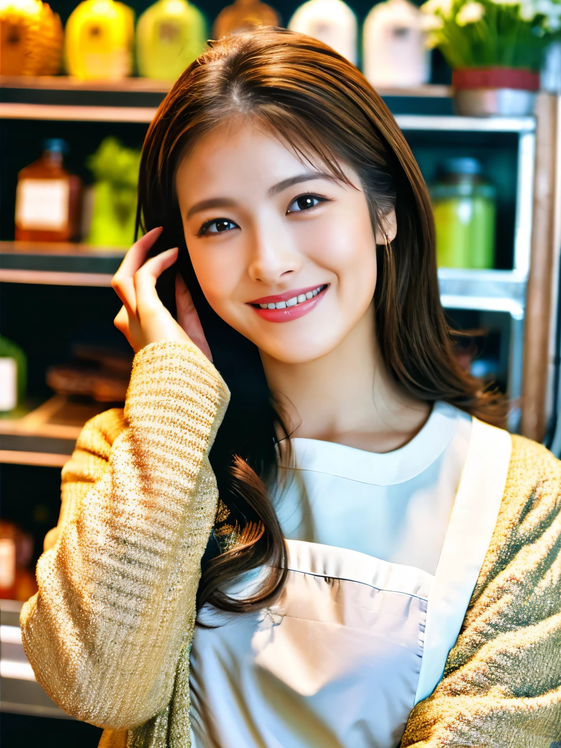 (highest quality、table top、8k、best image quality、Award-winning work)、Beauty of Spain、Spanish face、flower shop clerk、brown eyes、golden and brown hair、beautiful wavy hair、blurred background、The most natural and perfect flower shop interior、The store is decorated with many flowers...、There are many flowers lined up in the store...、Look back with a smile、long sleeve sweatshirt、The most natural and perfect apron、big breasts、emphasize the fullness of the chest、look at me with the best smile、very bright and vivid、perfect makeup、long eyelashes、close up of face、ultra high resolution glossy lips、Super high resolution glossy skin、super high quality hair、Super high-definition sparkling eyes、Super high resolution perfect teeth、Ultra high definition beauty face、Perfect flower shop interior in ultra high resolution