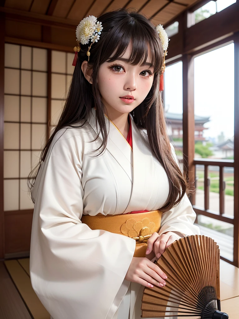 ( bangs, blunt bangs, brown hair, Hime cut, Depth of written boundary, f/4.0, 135mm, Nikon, uhd, masterpiece, Textured skin, Super detailed,4K,Wide-area lighting),(Beautiful woman: 1.4、Very white skin、Fine grain、 double eyelid)、(((hair ornaments、Kimono that exposes a lot of skin、Bust Shot、Rin々Funny face、Sengoku period、Japanese-style building、She is holding a folding fan in one hand.、Show from head to chest)))