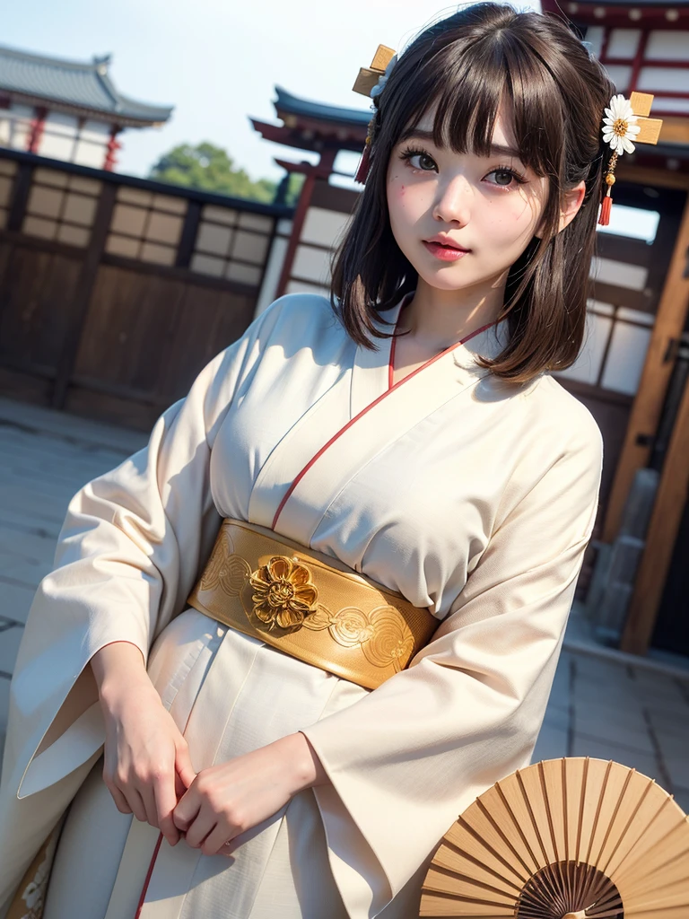 ( bangs, blunt bangs, brown hair, Hime cut, Depth of written boundary, f/4.0, 135mm, Nikon, uhd, masterpiece, Textured skin, Super detailed,4K,Wide-area lighting),(Beautiful woman: 1.4、Very white skin、Fine grain、 double eyelid)、(((hair ornaments、Kimono that exposes a lot of skin、Bust Shot、Rin々Funny face、Sengoku period、Japanese-style building、She is holding a folding fan in one hand.、Show from head to chest)))