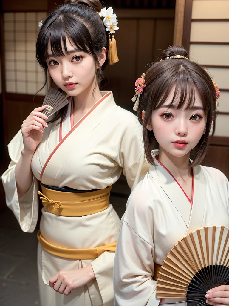 ( bangs, blunt bangs, brown hair, Hime cut, Depth of written boundary, f/4.0, 135mm, Nikon, uhd, masterpiece, Textured skin, Super detailed,4K,Wide-area lighting),(Beautiful woman: 1.4、Very white skin、Fine grain、 double eyelid)、(((hair ornaments、Kimono that exposes a lot of skin、Bust Shot、Rin々Funny face、Sengoku period、Japanese-style building、She is holding a folding fan in one hand.、Show from head to chest)))