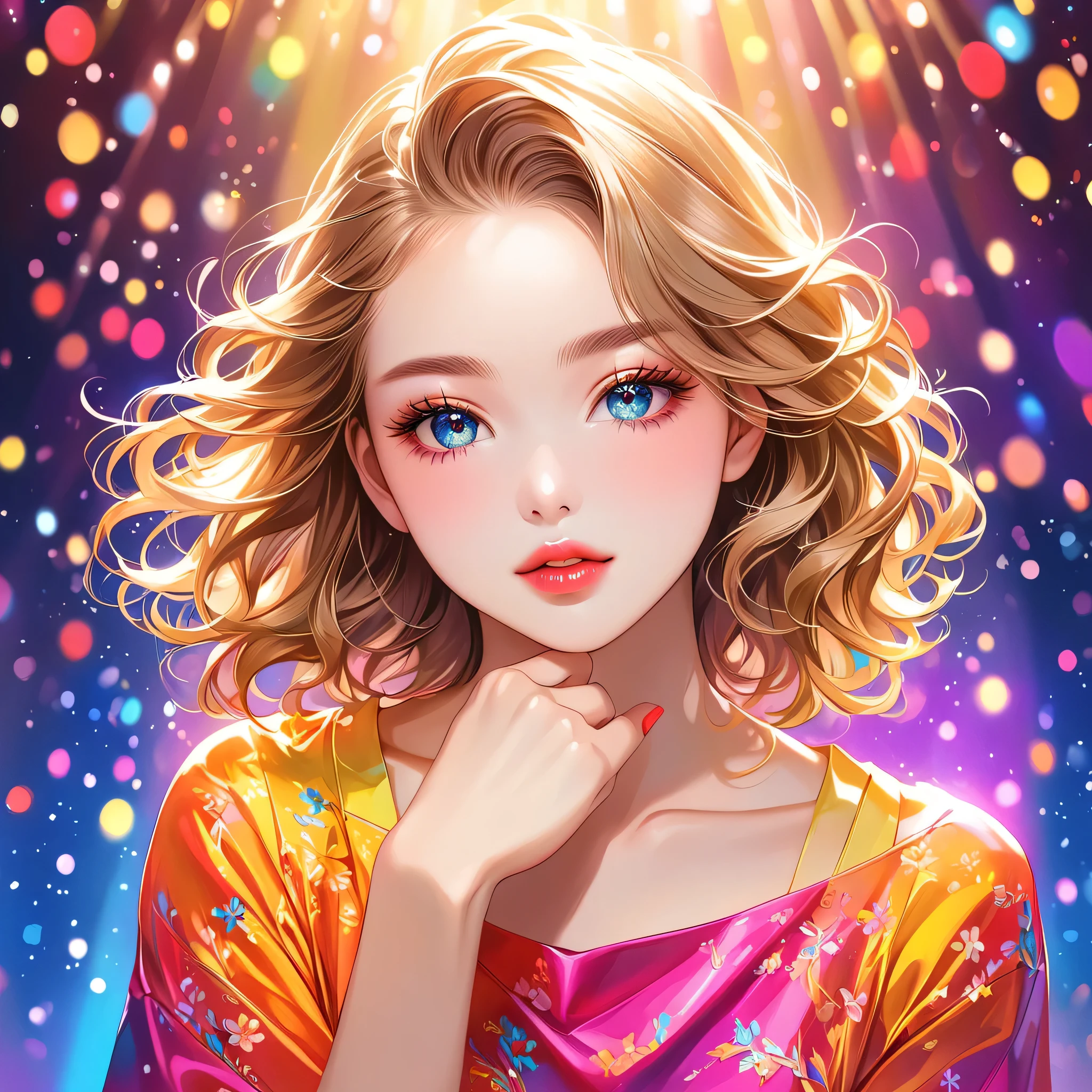 Mika Pikazo style, (best quality, highres, realistic:1.37), vivid colors, studio lighting, portraits, bokeh, oil painting, detailed eyes and face, beautiful detailed lips, long eyelashes, youthful appearance, energetic pose, dynamic movement, stage performance, solo performance, minimalist style, colorful clothes, vibrant background, dreamy lighting. anatomical correct:2, ((Lips in love)), 
