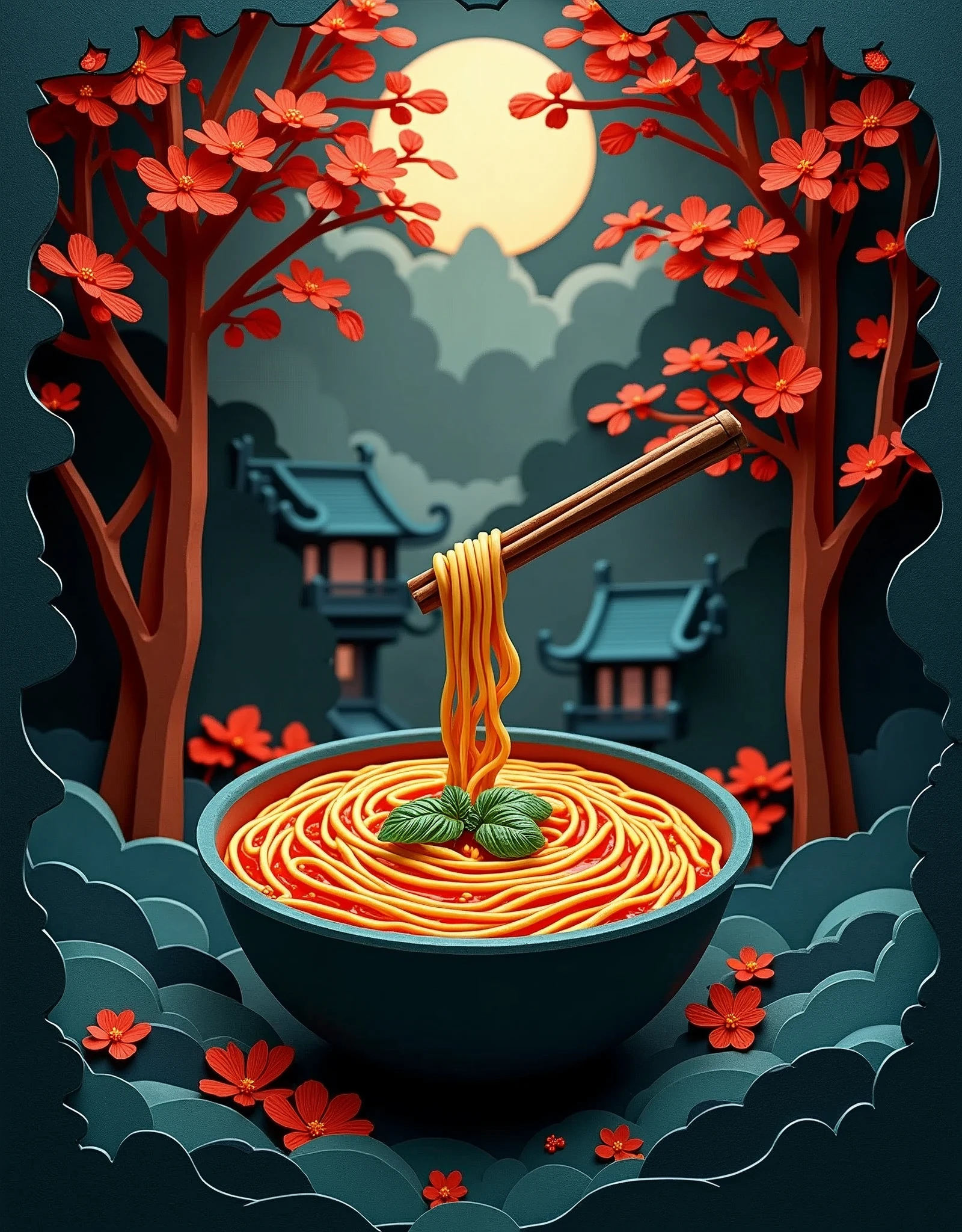 3D Paper cut art, super detailed, a paper cut demonstrates a bowl of chinese noodle soup, in the background are trees and the silhouette of an ancient chinese house, dark background, mystery atmosphere