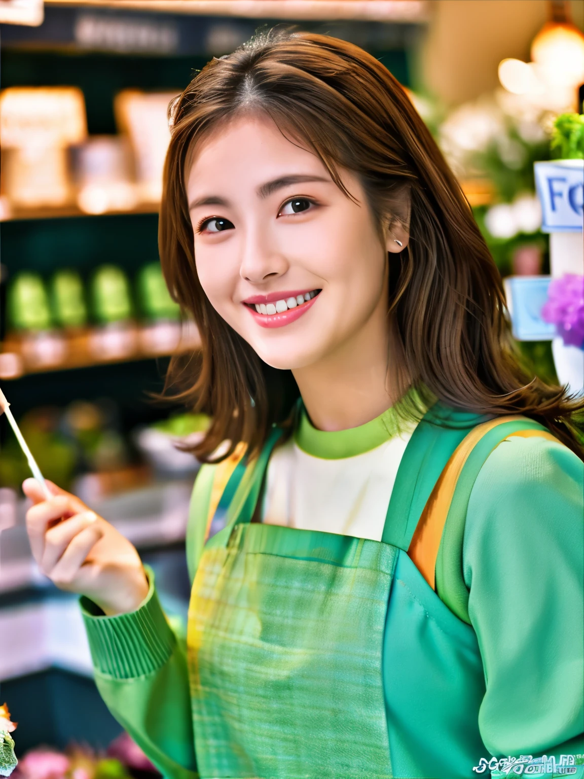 (highest quality、table top、8k、best image quality、Award-winning work)、Beauty of Spain、Spanish face、flower shop clerk、brown eyes、golden and brown hair、beautiful wavy hair、blurred background、The most natural and perfect flower shop interior、The store is decorated with many flowers...、There are many flowers lined up in the store...、Look back with a smile、long sleeve sweatshirt、The most natural and perfect apron、big breasts、emphasize the fullness of the chest、look at me with the best smile、very bright and vivid、perfect makeup、long eyelashes、close up of face、ultra high resolution glossy lips、Super high resolution glossy skin、super high quality hair、Super high-definition sparkling eyes、Super high resolution perfect teeth、Ultra high definition beauty face、Perfect flower shop interior in ultra high resolution
