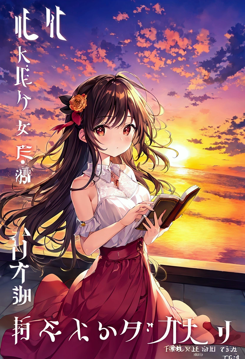 Book cover. Sunset. 2D. Few elements of music. Peaceful. Clouds. Scenery.