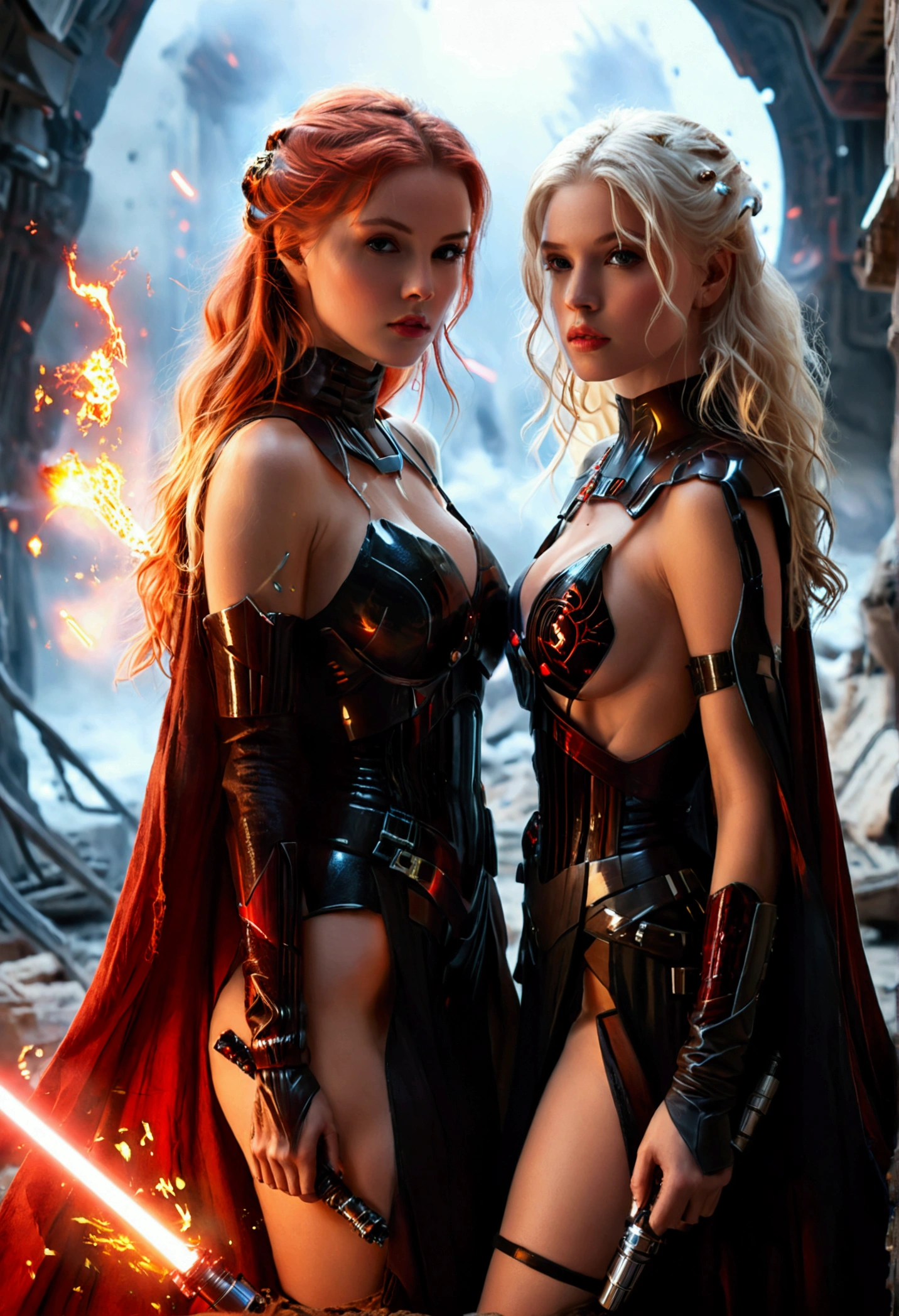 (full body shot:1) photorealistic image of two (walking pose:1) women, ultrarealistic, photography, one with long red hair, woman, 24 years old, hourglass figure, perfect body, seductive look, natural medium breasts, blur background, in complete darkness, she is wearing a sith robe, she is holding a red lightsaber, the lightsaber is the only lightsource, on a dark destroyed spacestation, explosion in the background, long sexy legs, the other girl has platinum blonde long hair, 30 years old, curvy figure, she is wearing a sith robe and is also holding a red lightsaber in her hand, natural big breasts, they are walking towards the camera, dynamic shot, action shot