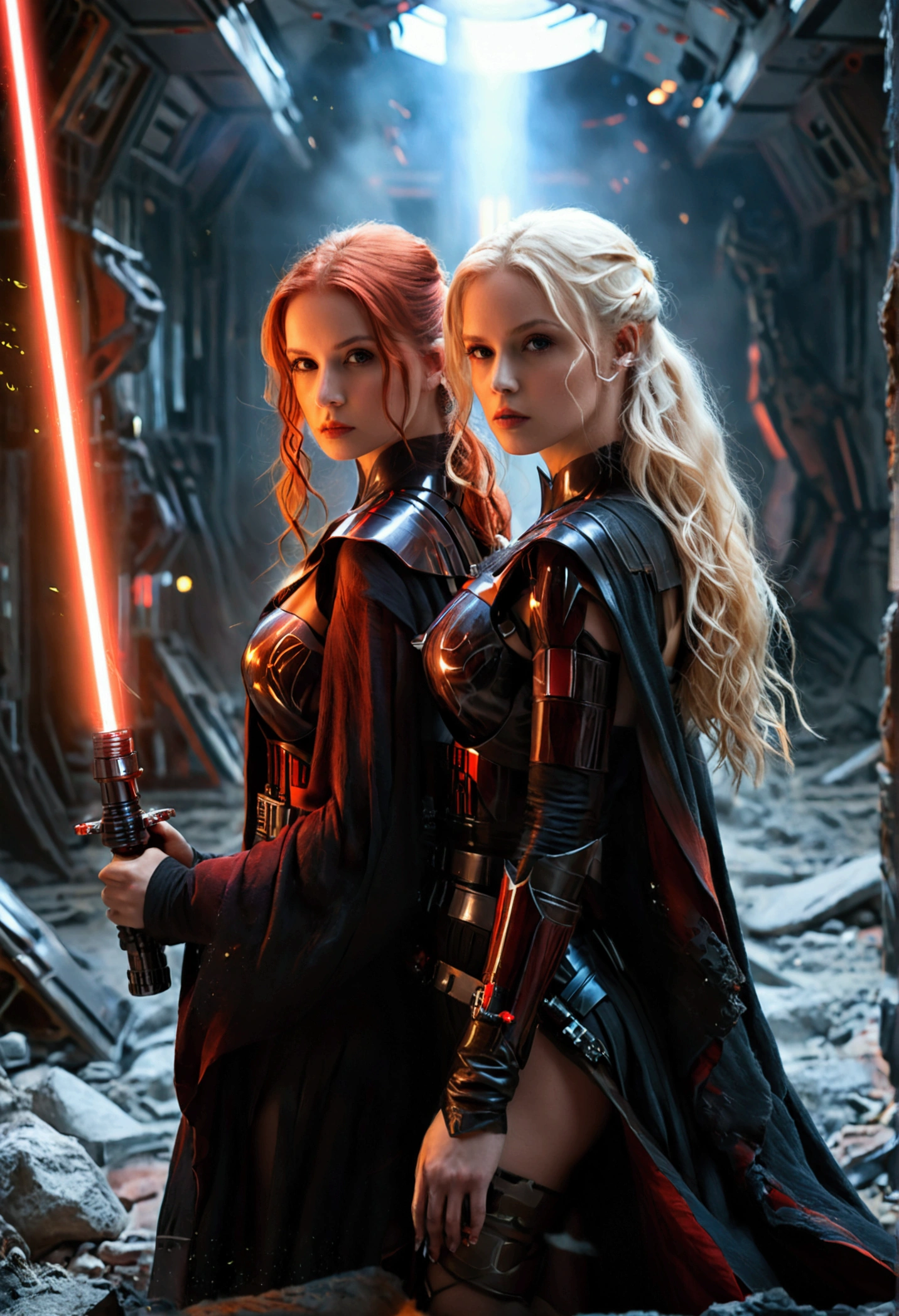 (full body shot:1) photorealistic image of two (walking pose:1) women, ultrarealistic, photography, one with long red hair, woman, 24 years old, hourglass figure, perfect body, seductive look, natural medium breasts, blur background, in complete darkness, she is wearing a sith robe, she is holding a red lightsaber, the lightsaber is the only lightsource, on a dark destroyed spacestation, explosion in the background, long sexy legs, the other girl has platinum blonde long hair, 30 years old, curvy figure, she is wearing a sith robe and is also holding a red lightsaber in her hand, natural big breasts, they are walking towards the camera, dynamic shot, action shot