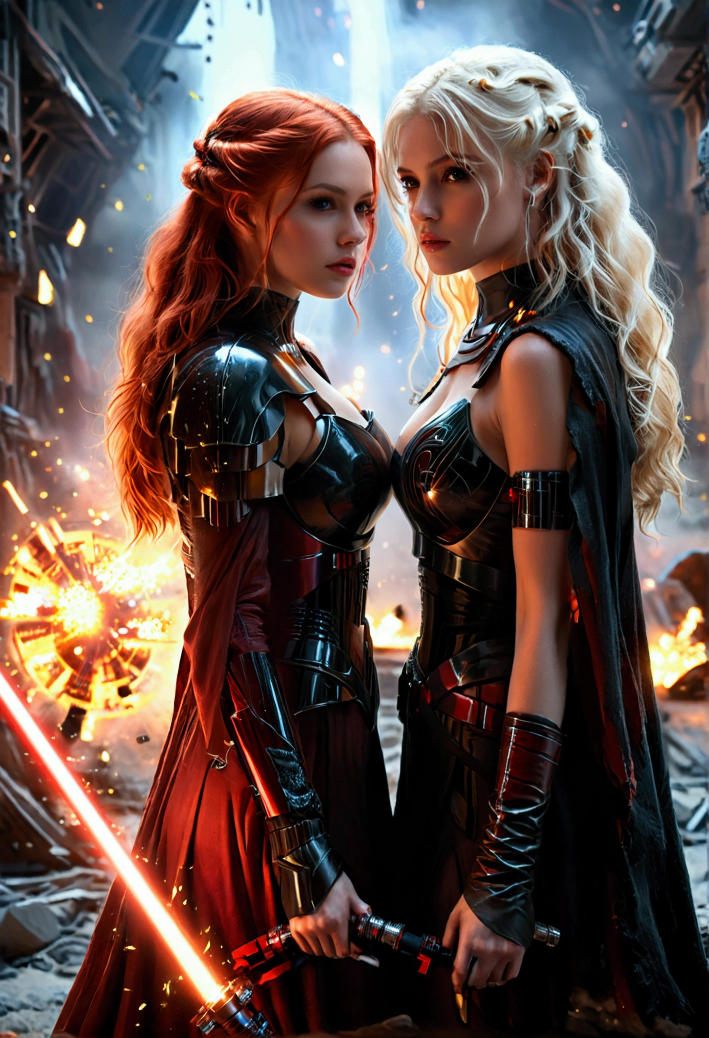 (full body shot:1) photorealistic image of two (walking pose:1) women, ultrarealistic, photography, one with long red hair, woman, 24 years old, hourglass figure, perfect body, seductive look, natural medium breasts, blur background, in complete darkness, she is wearing a sith robe, she is holding a red lightsaber, the lightsaber is the only lightsource, on a dark destroyed spacestation, explosion in the background, long sexy legs, the other girl has platinum blonde long hair, 30 years old, curvy figure, she is wearing a sith robe and is also holding a red lightsaber in her hand, natural big breasts, they are walking towards the camera, dynamic shot, action shot
