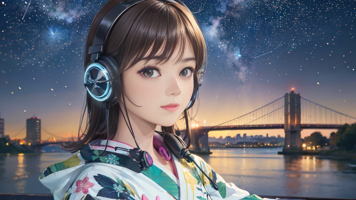 (Highest quality, 8k, masterpiece, High resolution), (whole body), Vibrant colors, ((headphones, wearing headphones)), Brown-black bob, Traditional round topknot, Ample breasts, (Highly detailed face and eyes, Beautiful Face, Beautiful Eyes, Beautiful nose, Pretty lips), (Beautiful woman standing on a riverside observation deck), A friendly gaze, Oh! Facial expression that, (Vivid floral patterned kimono), Official Art, The background is a wide river, Nearby bridge, Riverside streetscape, Mountains in the distance, ((night, starry sky)), Detailed CG,
