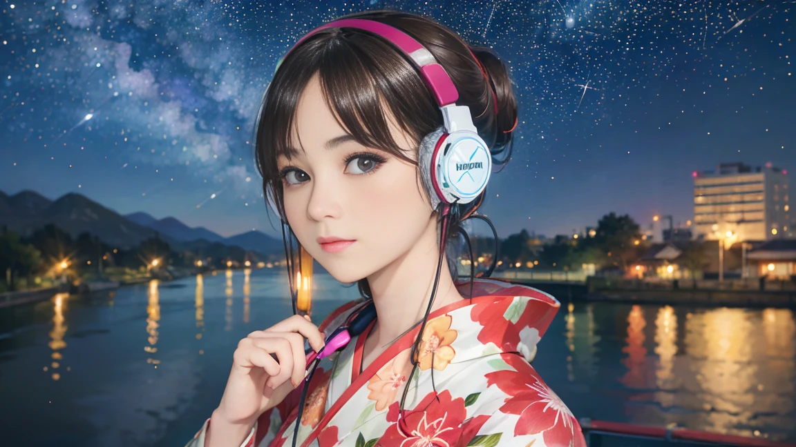 (Highest quality, 8k, masterpiece, High resolution), (whole body), Vibrant colors, ((headphones, wearing headphones)), Brown-black bob, Traditional round topknot, Ample breasts, (Highly detailed face and eyes, Beautiful Face, Beautiful Eyes, Beautiful nose, Pretty lips), (Beautiful woman standing on a riverside observation deck), A friendly gaze, Oh! Facial expression that, (Vivid floral patterned kimono), Official Art, The background is a wide river, Nearby bridge, Riverside streetscape, Mountains in the distance, ((night, starry sky)), Detailed CG,