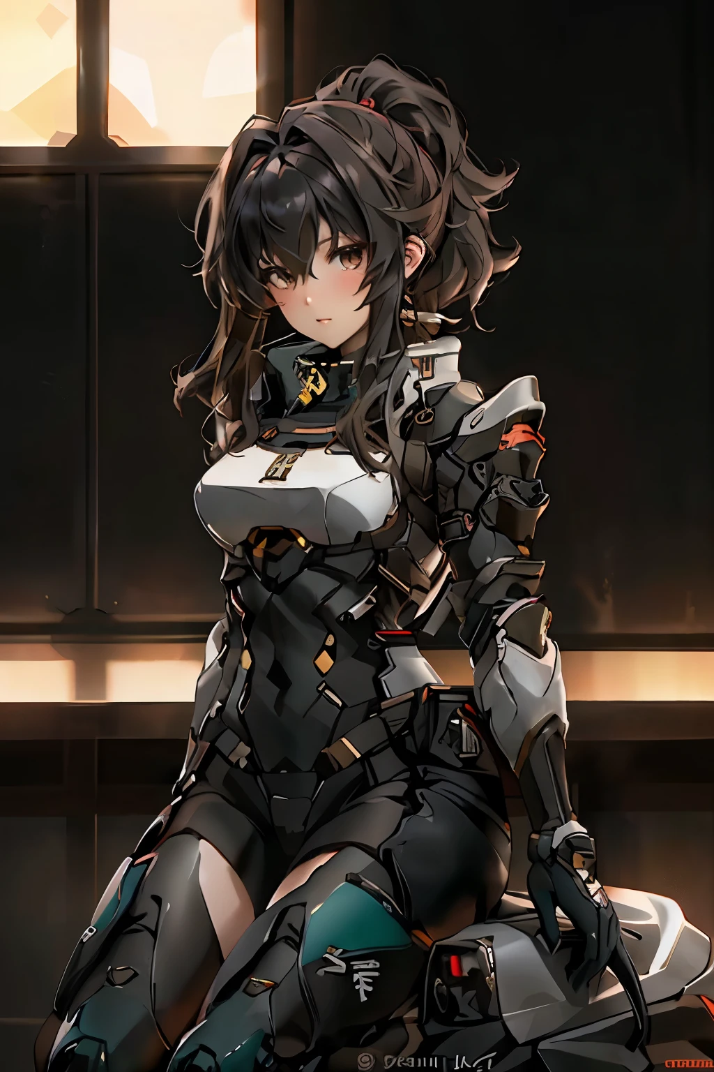 ((best quality)), ((Masterpiece)), (details:1.4), 3d, HDR (high dynamic range), an image of a beautiful cyberpunk female, Hight ponytails, Brown hair, Red eyes, จมูกโด่ง, ปากแดง, หน้าอกใหญ่, nvidia RTX, PBR surface, After processing, Anisotropic filtration,depth of field, Maximum clarity and clarity, multi-layered surface, Subsurface scattering, perfect proportions, 8K raw files, ความละเอียดสุดยอด, Unreal 5, Perfect proportions, Octane Render, Two-tone lighting, Wide aperture, Low ISO, รายละเอียดดวงตา, crusader, Heavy Black armor, Fierce, Black helmet