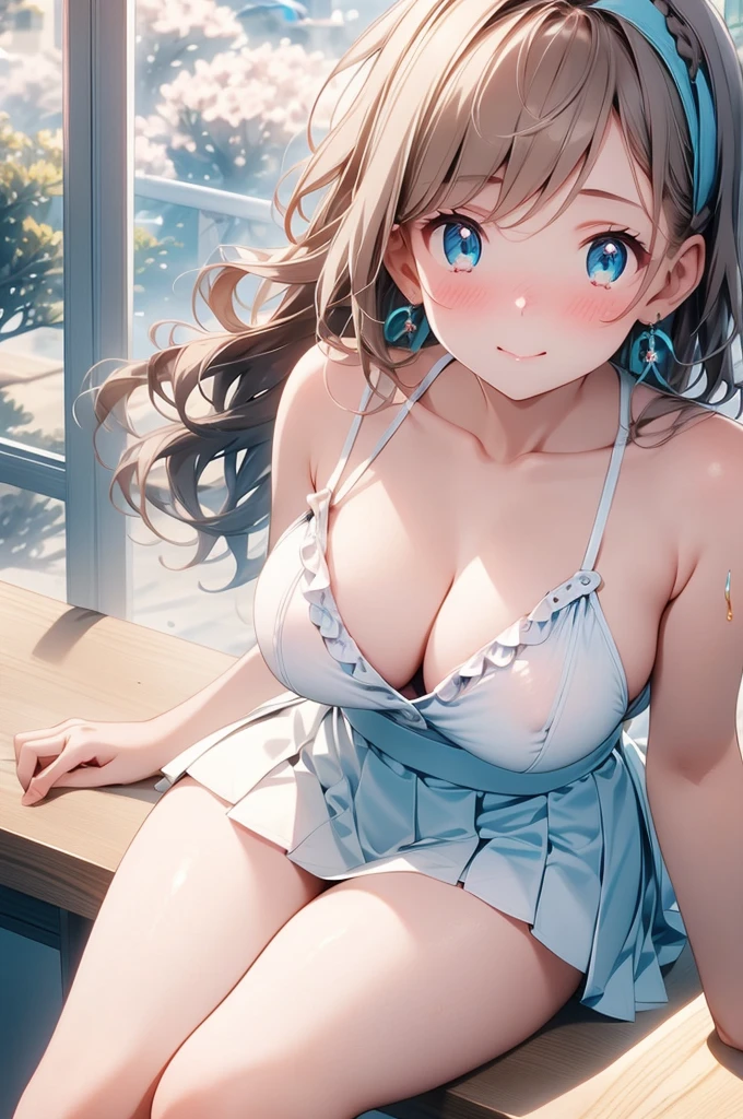 A beautiful girl sitting on a chair lifting her skirt, anime girl, inside a classroom, white button-up shirt, collarbone, pleated miniskirt, big round breasts, shapely thighs, turquoise panties, dark brown hair, long bangs, french braid, messy hair, long hair, wavy hair, shiny hair, hairclip, blue hairband, glowing eyes, aqua eyes, beautiful detailed eyes, pupils sparkling, earrings, blush, embarrassed, shy, blush, glossy lips, closed mouth, scared, nervous, nose blush, high detail, anime, anime style, chiaroscuro, cinematic lighting, dithering, image fill, multiple views, from above, wide shot, atmospheric perspective, perspective, Wide-Angle, f/1.8, 85mm, Nikon, 8k, super detail, UHD, retina, masterpiece, accurate, anatomically correct, textured skin, high details, best quality, highres, 16k