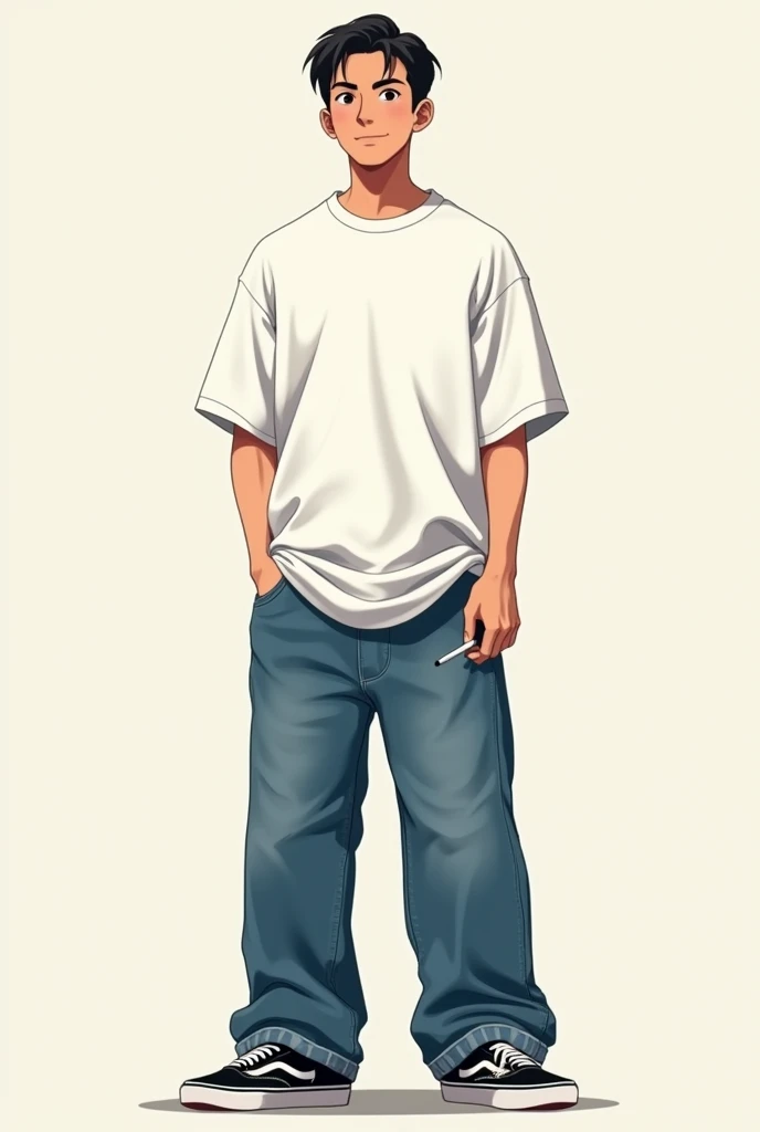 Oversized clothing, plain white t-shirt, extra wide jeans, black VANS sneakers, male, slicked back hair, front, full body, anime-like face, high school age, cigarette in right hand