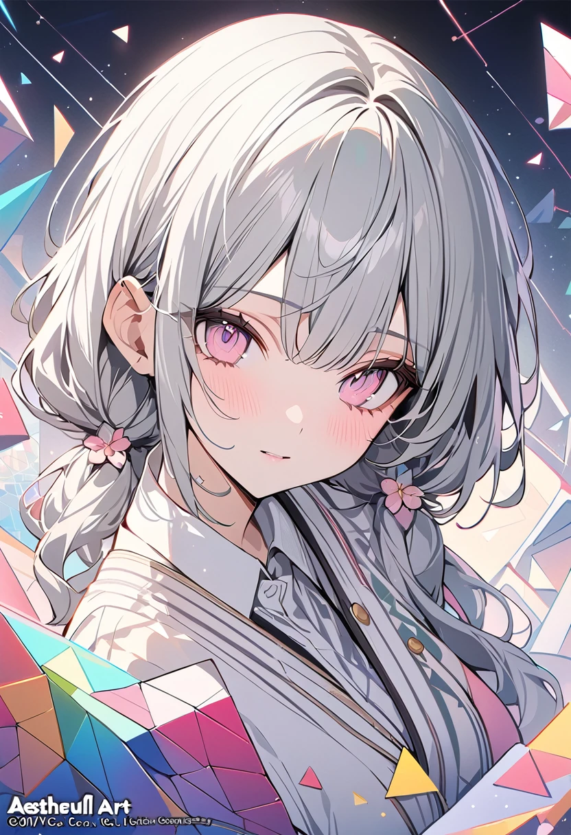 ,beautiful flower々）,Gray Hair、Pink Eyes、 (masterpiece, Highest quality), Official Art, beautifully、aesthetic: 1.2), (1 girl), Very detailed, (Geometry Art: 1.3), colorful