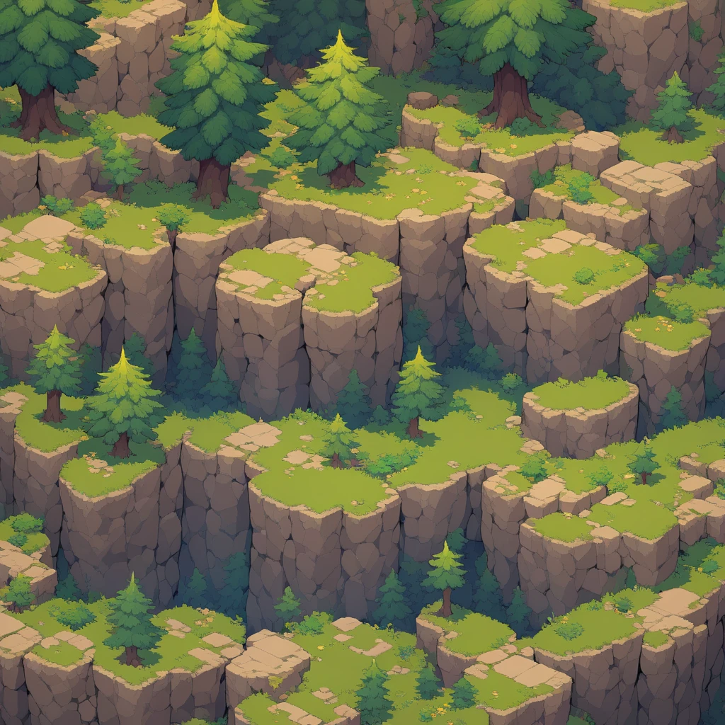 Retro video game style, pixelated, vibrant colors, 8-bit characters, blocky shapes, sharp lines, detailed shading, classic gaming vibe, nostalgic atmosphere, classic arcade games. Masterpiece:1.2, ultra-detailed, illustration style. 2D texture, stone texture, 4K seamless mud texture, video game texture, dirt texture. Game tiles, grass, 3/4th perspective trees, 3/4th perspective tileable rock texture, 3/4th perspective tileable cliff formations, tileable trees, top-down view, tileable texture. Very detailed cliff texture, intricate stones.
Mountain Terrain: Diverse mountain shapes and elevations, including peaks, ridges, and valleys.
Texture Detail: High resolution with intricate details like rocky surfaces, crags, and natural erosion patterns.
Seamless Pattern: Ensure that the edges of the tile seamlessly align with adjacent tiles to create a continuous and coherent mountain range when repeated