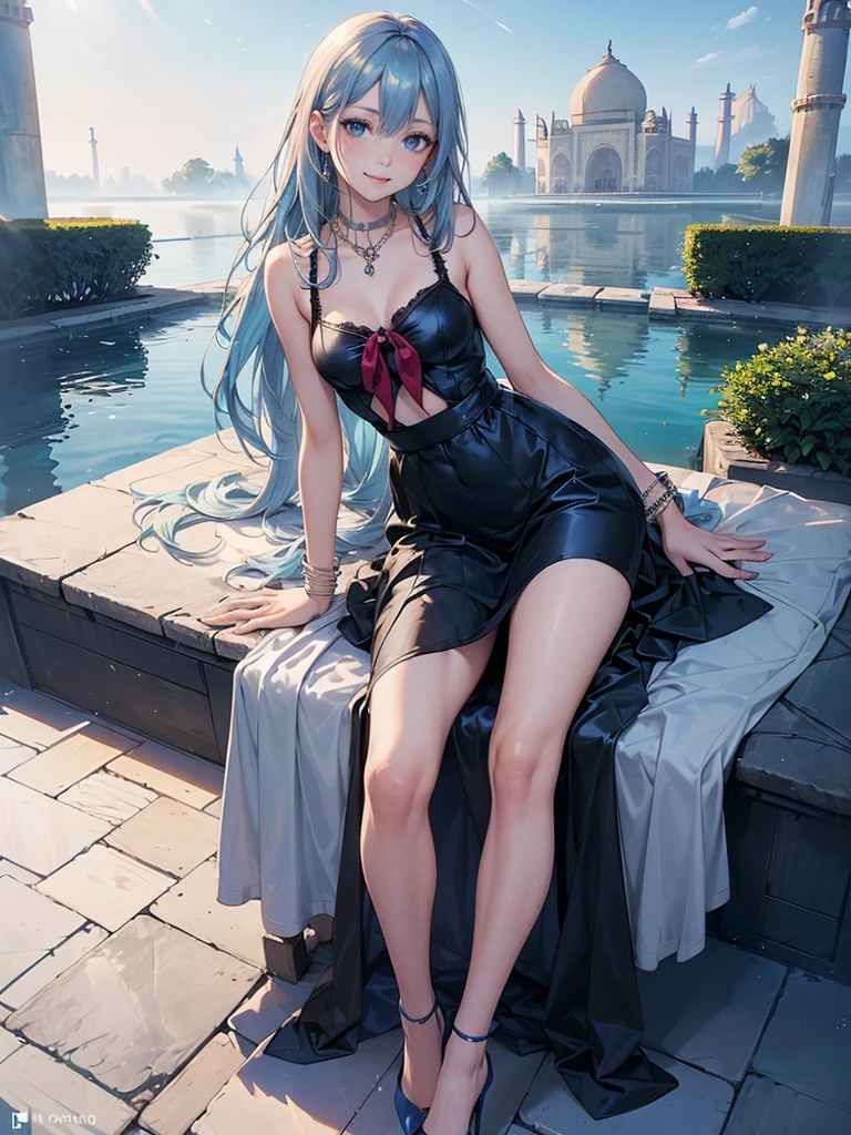 ((Biologically correct limb count)),(( From head to toe,Full-body photo including face)),4K,masterpiece,((Focus on the face)),((Symmetrical facial features)),Eyes with detailed description,Beautiful woman,Great style,Beautiful arms,Beautiful legs,Beautiful Hands,(Small Ass,Thin thighs),Detailed depiction of the face,Small earrings,necklace,(Will school uniform,dress((High heels))),((early morning)),(((blue blonde))),Realistic photo,Looking up,smile,((In front of the Taj Mahal,Panty shot)),Nobody is here,(Thick Fog)