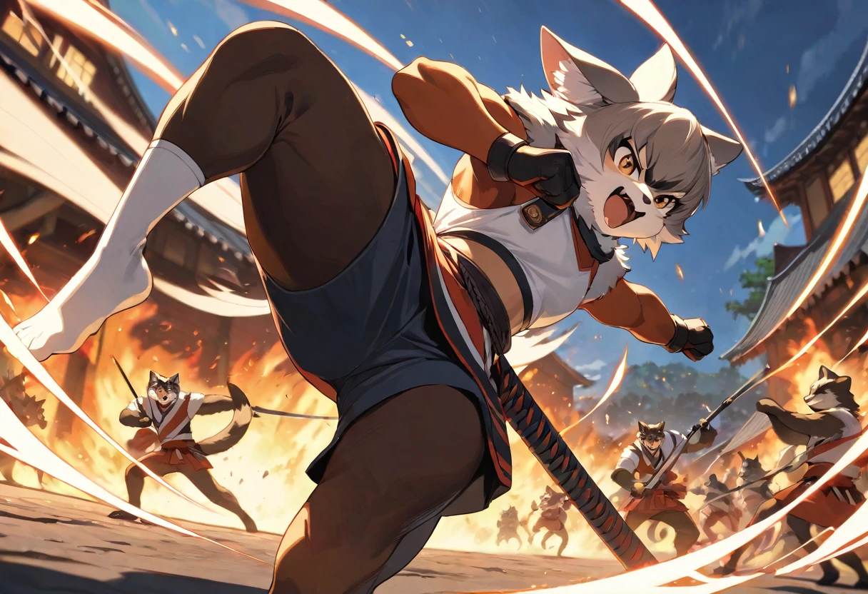 top quality, high-quality illustrations((masterpiece))depth of field, motion blur, absurdres, Perfect Anatomy, magnificent picture of kemono fighting fierce battles, kemono, 1boy, solo focus, Anthro((dramatic))epic, weapon, dynamic pose, One scene of movie,