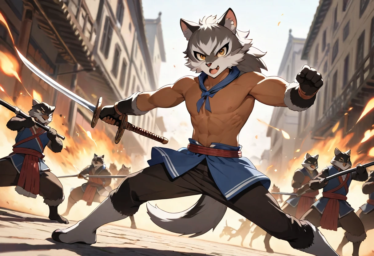 top quality, high-quality illustrations((masterpiece))depth of field, motion blur, absurdres, Perfect Anatomy, magnificent picture of kemono fighting fierce battles, kemono, 1boy, solo focus, Anthro((dramatic))epic, weapon, dynamic pose, One scene of movie,