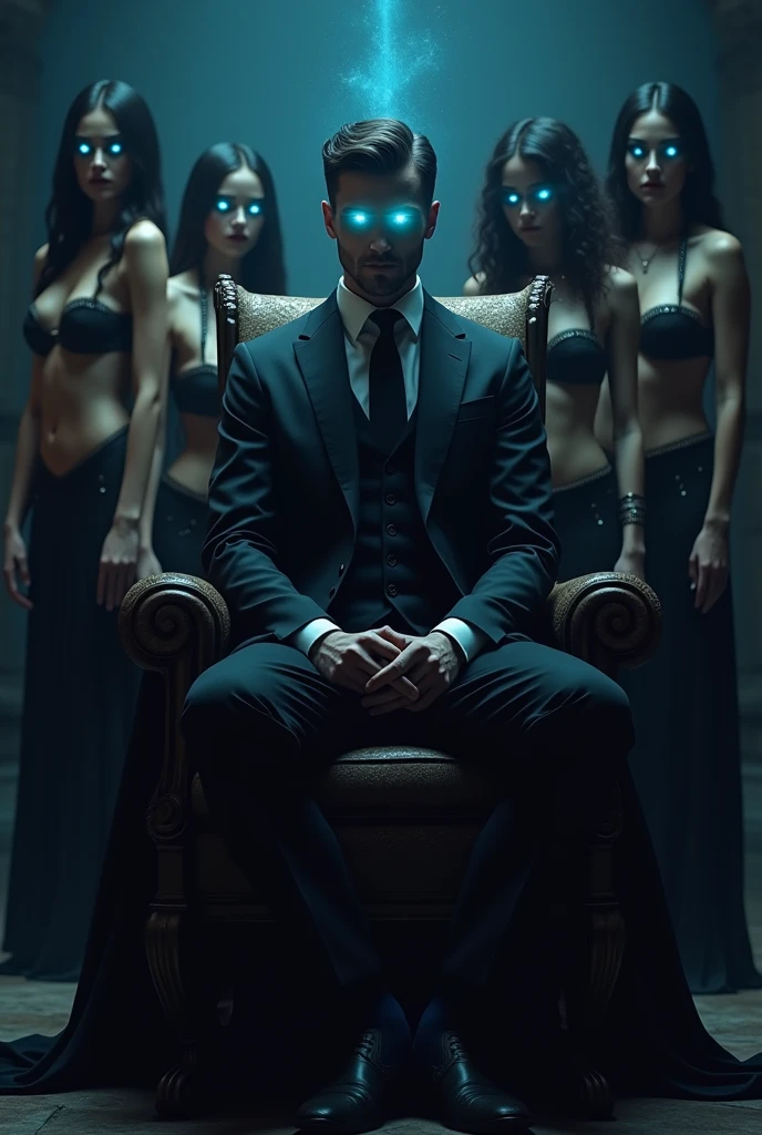 A ( handsome man , black suit , Magical glowing blue eye, sitting on a chair like king , look so cool and dark background
Behind him many girls standing they all are in harem slave dress their eyes are also glowing blue like the man