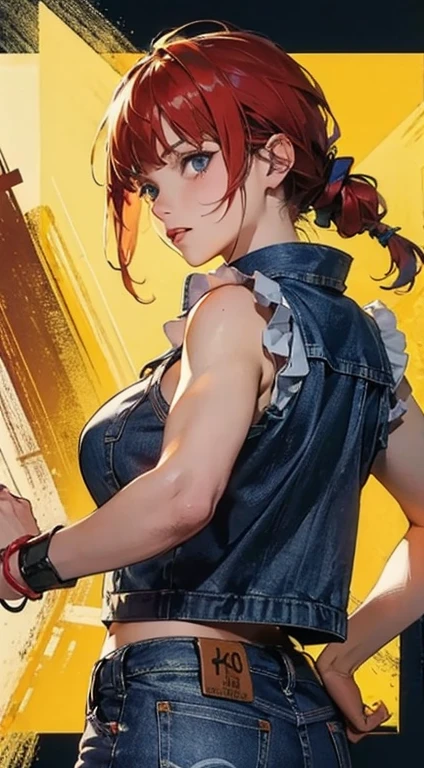 (8k, RAW photo, best quality, masterpiece:1.2), RanmaChan, RanmaRedShirt, (SFW)Similar arts John Buscema(((1 rapariga, fluffy, denim jackets, White blouses, jeans, key money, Loire, short-haired, bobhair, Parting hair to the side, blue eyes))), (((blonde hair))), dynamicposes, Manga style , Depict a group of characters in different action scenes, from intense battles to joyous moments, with dramatic lines of speed and bold sound effects, capturing the excitement and energy of the story, palm laser beams, Attack forward with the palm of your hand, Yellowstone Park, Grand Canyon, ((masterpiece)), high quality, very_high_resolution, large_filesize, full color, heavy outline, clear outline, colorful, (beautiful detailed eyes), (beautiful face:1.3), (boyish face), 1 girl, (femaleranma), (red hair), short hair, (braided ponytail), ((bangs)), bumpy bangs, blue-gray eyes, big breasts, curvy, black-wristbands, femaleranma, braided ponytail, chinese clothes, sleeveless, tangzhuang, black pants, cameltoe, standing, upper body, front view, (8k, RAW photo, best quality, masterpiece:1.2), RanmaChan, RanmaRedShirt, blue pants (masterpiece, best quality:1.2), 1 girl, Solitary