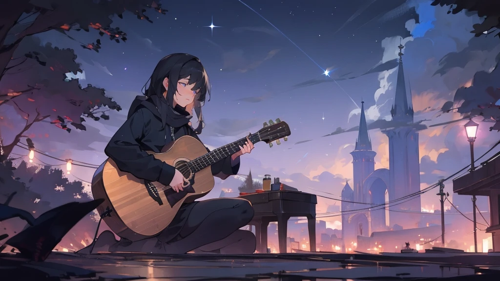 masterpiece,night,(dark alley),star、Night evening Sky、milky way、octone、
(1. Female), (solo), Knee hugging sitting，acousticguitar