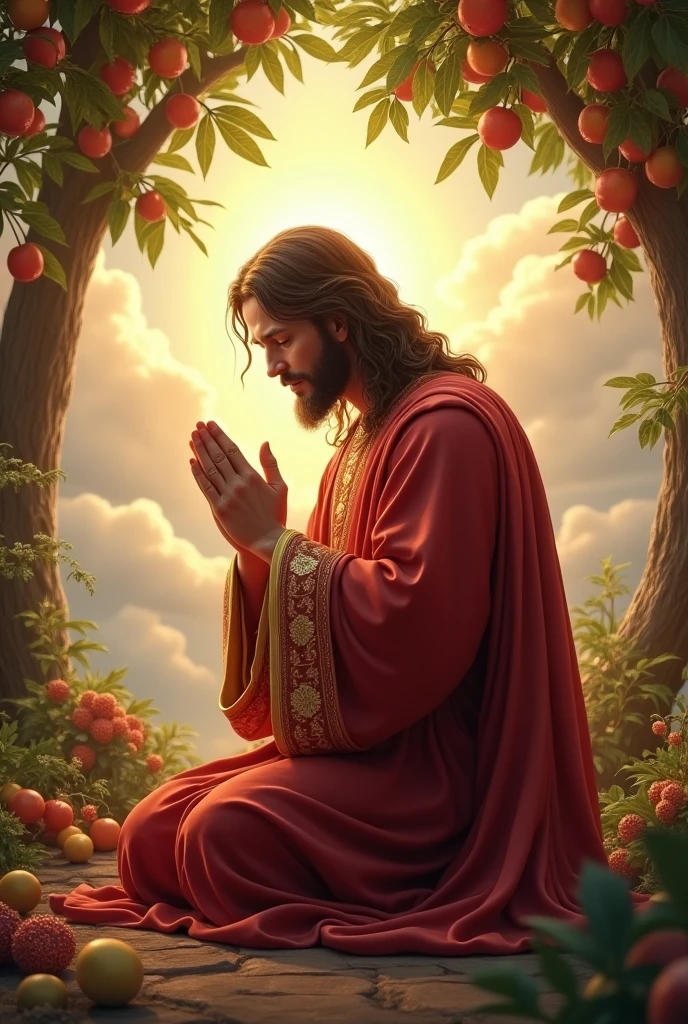 (photorealism:1.2), handsome Jesus Christ, praying kneel under the trees that full of clouds and sorrounded of many fruits, wearing red king clothes with light in his head and heart spreading all over, perfect five finger, Jesus Christ beautiful hair, outdoors, soft lighting, clouds in background, beautiful sunlight, perfect paradise and clouds, relaxed pose, realistic, intricate details, warm colors, 