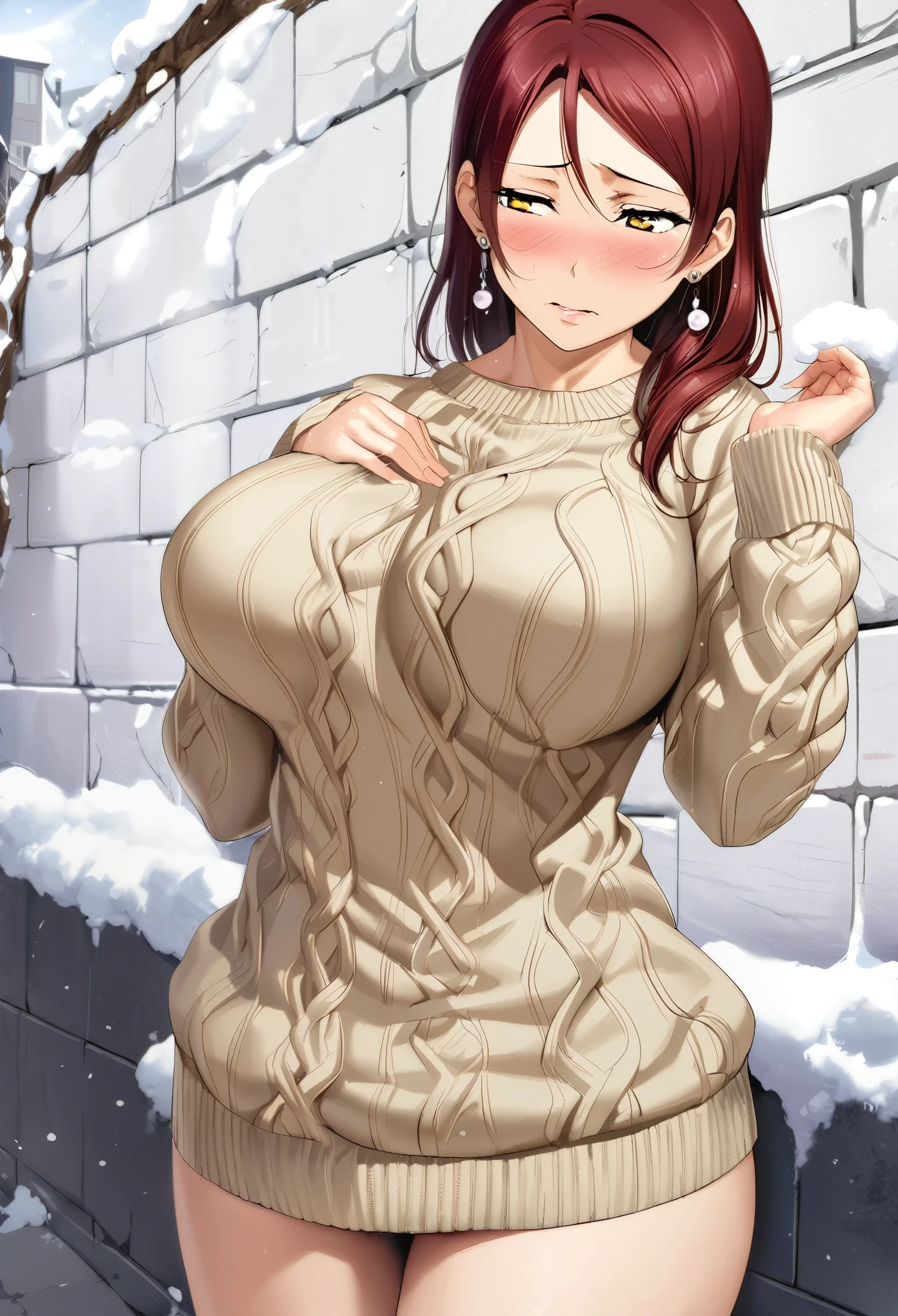 Masterpiece, love live,sexy, realistic anime art,alp artstyle,facial details,solo, detailed body part details, cowboy shot,embarrassed, vergin killer sweater, big breasts,8k wallpaper, looking away, sakurauchi riko love live, yellow eyes, earrings,in street,snow, half closed eyes,wall ,pov