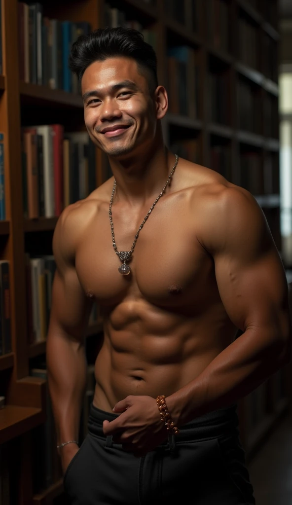 nsfw, best quality, masterpiece, extremely detailed, masculine, sexy, homoerotic, extremely handsome, 25 year old borneo man, square face with chubby cheeks, muscular bodybuilder, cheeky smile, shush pose, fitted clothes, rose quartz crystal pendant, bead bracelet, exposed underwear, semi erect bulge, in library, side view, afterhours, at midnight, cinematic shadows, dreamy atmosphere, perfect face, perfect fingers, perfect hands, perfection