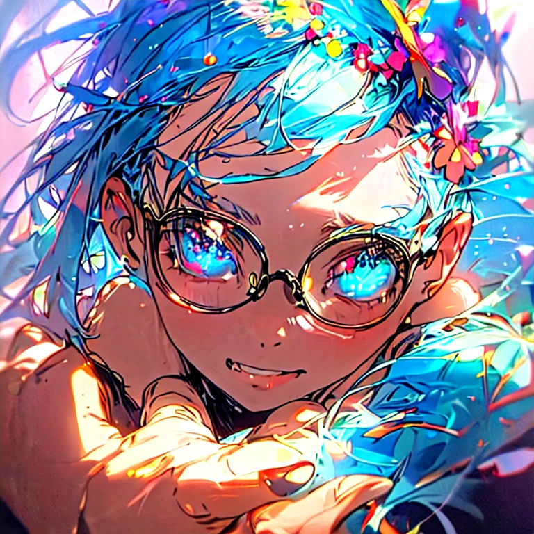 One girl, Blue Hair/Light blue hair, Glasses, High resolution, Anatomically correct, Shortcuts, Close-up, Off-screen, Hair Flower, Sparkle Effect,Action Painting, 