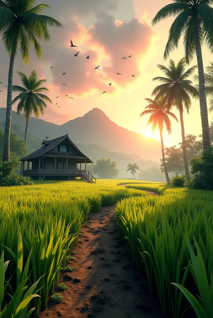 generate a view at paddy field with green and yelllow, paddy, morning sunrise and mountain as the background, coconut trees with an old wooden house, birds flying, hyper-realistic, highly-detailed, ultra-sharp, 3d rendering, bright colours, mud path, surrealism. 