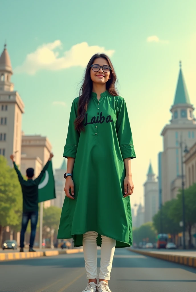 A real20"years old girl, Wearing green frock and white trozar_ sneakers and the name “  laiba is written on frock black glasses her eyes hand the boy is standing on the road with holding a national flag of Pakistan and behind him is the Lahore And written on sky “Independence Day” Create Realistic image high quality..