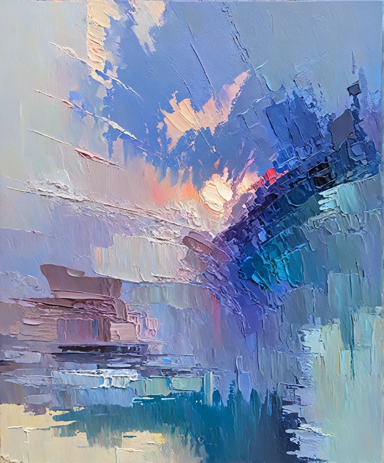 a thick textured oil painting, impasto brushstrokes, dry brushing,revealing underlayers, abstract landscape, moody lighting, dramatic shadows, muted earthy colors, vibrant colors, highly detailed, masterpiece,
