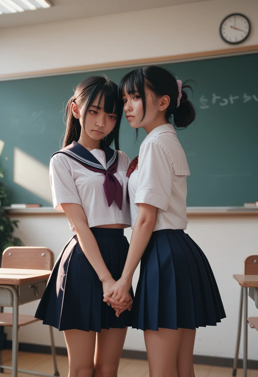 Two Girls,roromiya,ririchiyo,school uniform,Ascot, masterpiece, Highest quality、comminicate、Someone hugs me from behind、Put your hands in the skirt、Twilight Classroom
