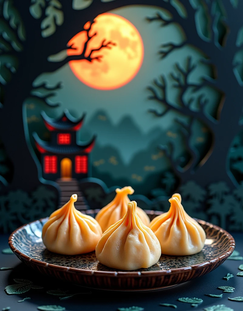 3D Paper cut art, super detailed, a paper cut demonstrates a dish of chinese dumpling, in the background are trees and the silhouette of an ancient chinese house, dark background, mystery scary atmosphere