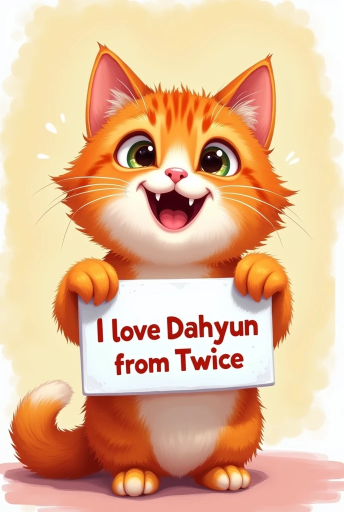 Orange cat holding a sign that says I love Dahyun from Twice
