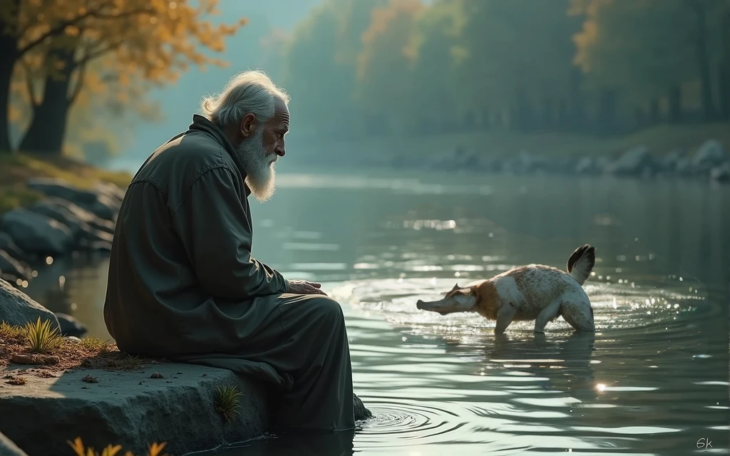 A photorealistic image of a wise old man sitting on a stone near the bank of a river. The old man sees a floating human dead body, passing in the river. Human dead body floating belly down, head underwater. A human body floating face down in a river. Half-submerged lens reveals his ultra-slim deformed by water figure in a grey loose dress. Masterpiece, best quality, 8K, photo realistic, wallpaper, wallpaper 8k, photographic contest winner, Hyperrealistic art cinematic film still photography in the style of detailed hyperrealism photoshoot. [Entire scene is surrounded by lights, evoking a magical and eerie atmosphere. The lighting is bright and atmospheric, with smoke adding a touch of sinister ambiance. Best quality image, HDR enhancement, showcasing the utmost level of detail and realism]. [8K, Best Quality, Ultra High Resolution, (highly detailed CG unity 8k wallpaper), (best photo), (best shadows), isometric 3D, octane rendering, ray tracing, highly detailed, (Best quality, 4K, 8k:1.2), absurdity, ultra detailed, (realistic, photorealistic, photorealistic:1.37), complex parts, HDR, (complex parts:1.12), (hyper detailed, hyper realistic, Soft lighting, spicy:1.2), (complex parts, Hyper detailed:1.15). Blurred foreground. (backlit), masterpiece, high quality, brightness, chromatic aberration, foggy smoke, shadows, contrast, clear sky, (warm hue, warm tone), high details, natural reflections].