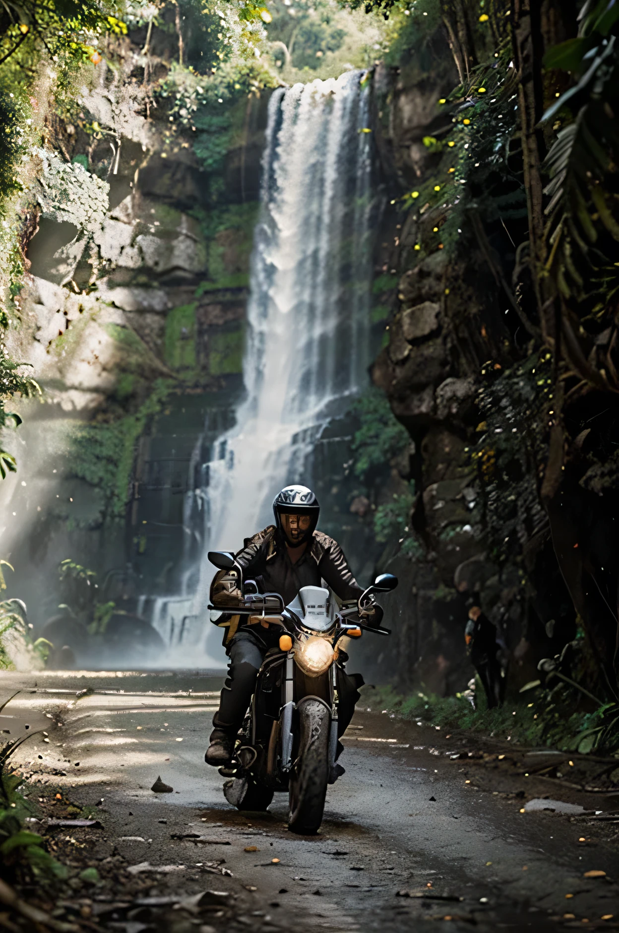 Man riding a motorcycle through the jungle surrounded by animals, waterfalls, rivers and landscapes
