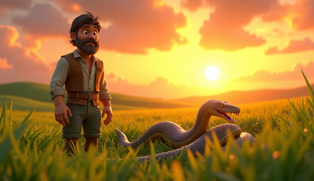 In cinematic 3D cartoon style. Ramü Sees an Injured Snake in the Field: Ramü, a humble farmer, stands in his lush green field. He notices a large, injured snake lying on the ground, its body covered in wounds. The sun is setting, casting a golden hue over the scene, with the farmer looking concerned yet compassionate.