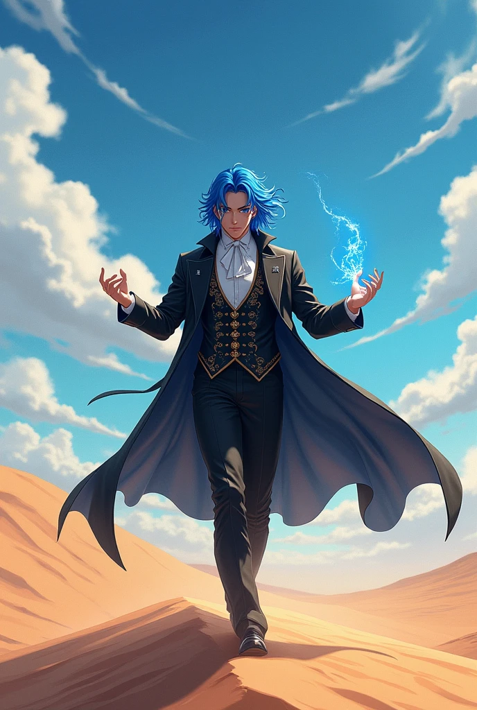 Male character, blue hair, wearing a magician's outfit, black pants, in the middle of the desert.