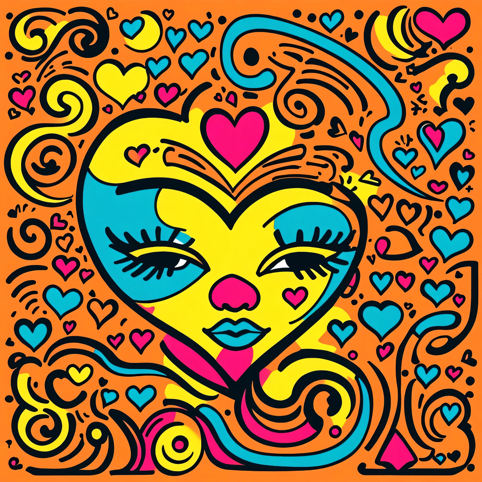 Keith Haring colorful style, Simple Line Initialism，Abstract art，Urban Background, (((The most beautiful girl of all time))), Sweet face. Lips in love, colorful hearts, stylish design, (((黒い瞳)))